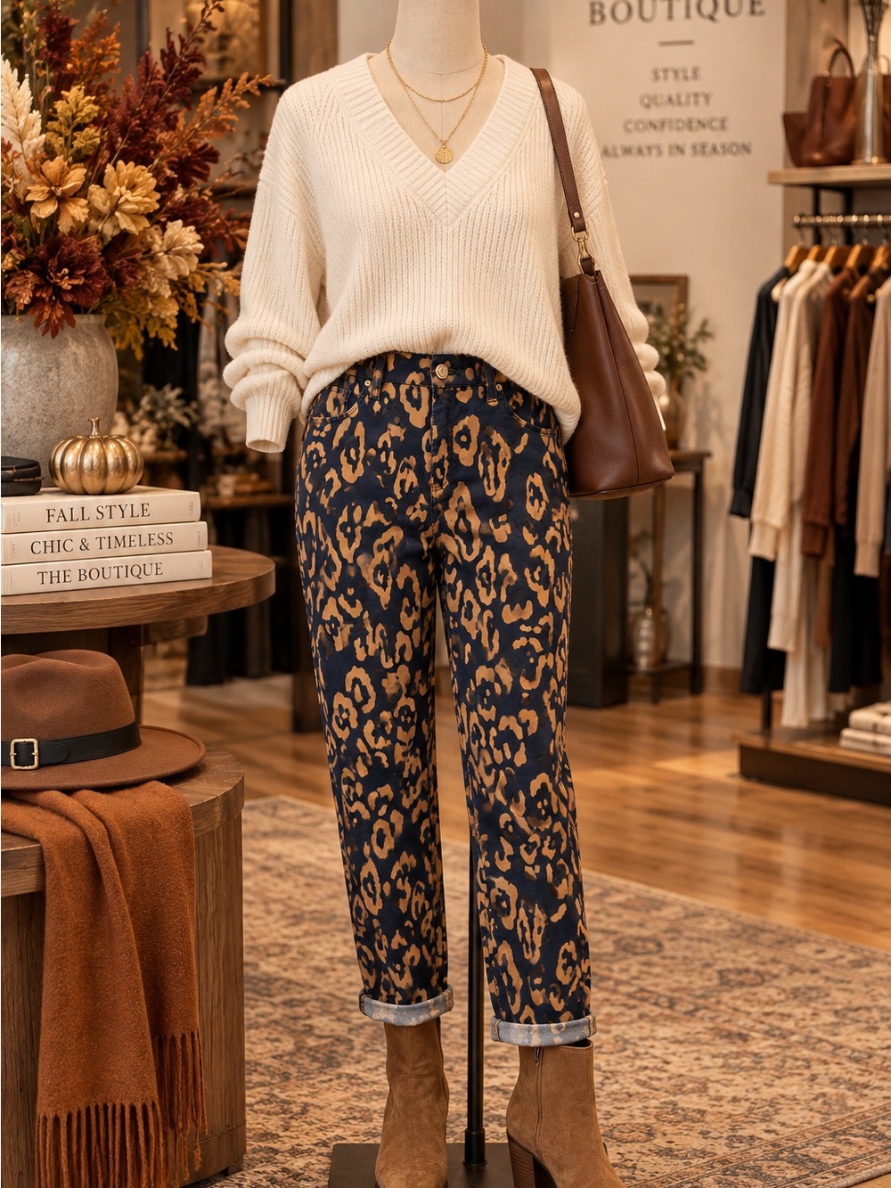 Chico's Navy and Tan Leopard Print Cropped Pants